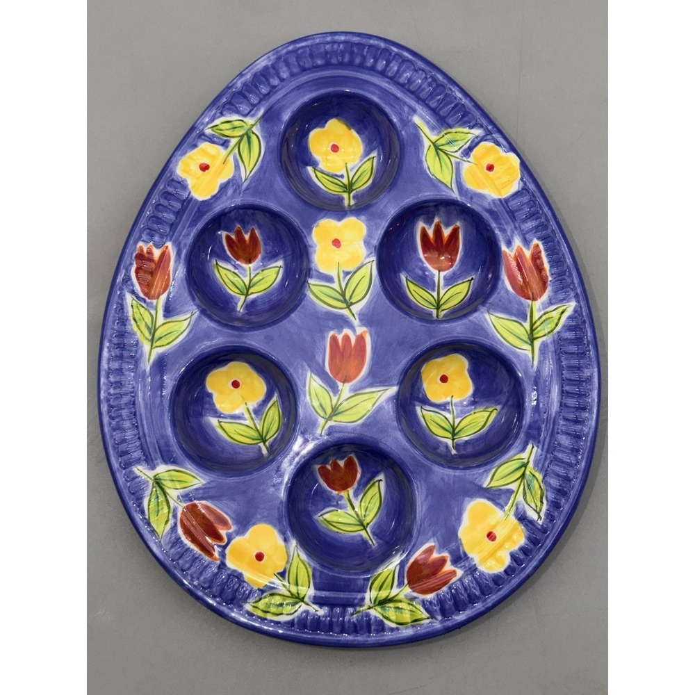 Hausenware Libby Wilkie Floral Deviled Egg Plate Blue Tulip Tray
